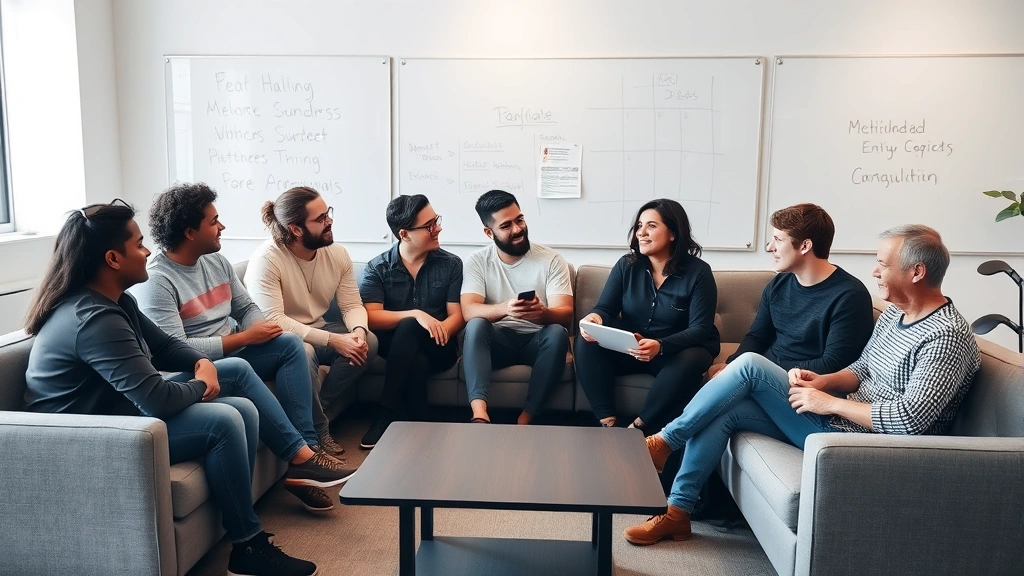 Diverse startup team in casual meeting, sitting on couches and standing, engaged in discussion, natural office environment with whiteboards in background (no visible text)