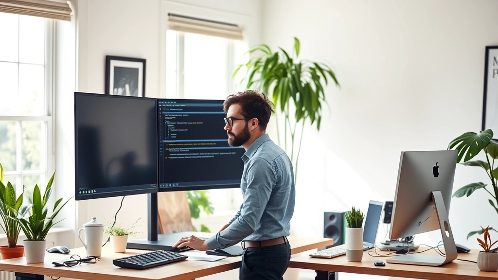 Solo entrepreneur working at standing desk with multiple monitors, sunlit home office space, determined but balanced posture, plants and windows visible