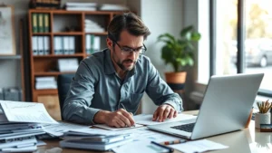Founder working at a desk surrounded by financial documents and a laptop showing business metrics dashboard, intense focus, natural office lighting, realistic professional setting
