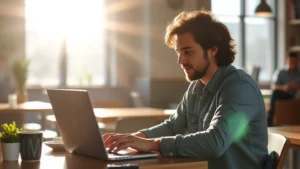 Founder working at a laptop in a coffee shop, sunlight streaming through windows, focused and energized, casual startup environment, natural workspace lighting