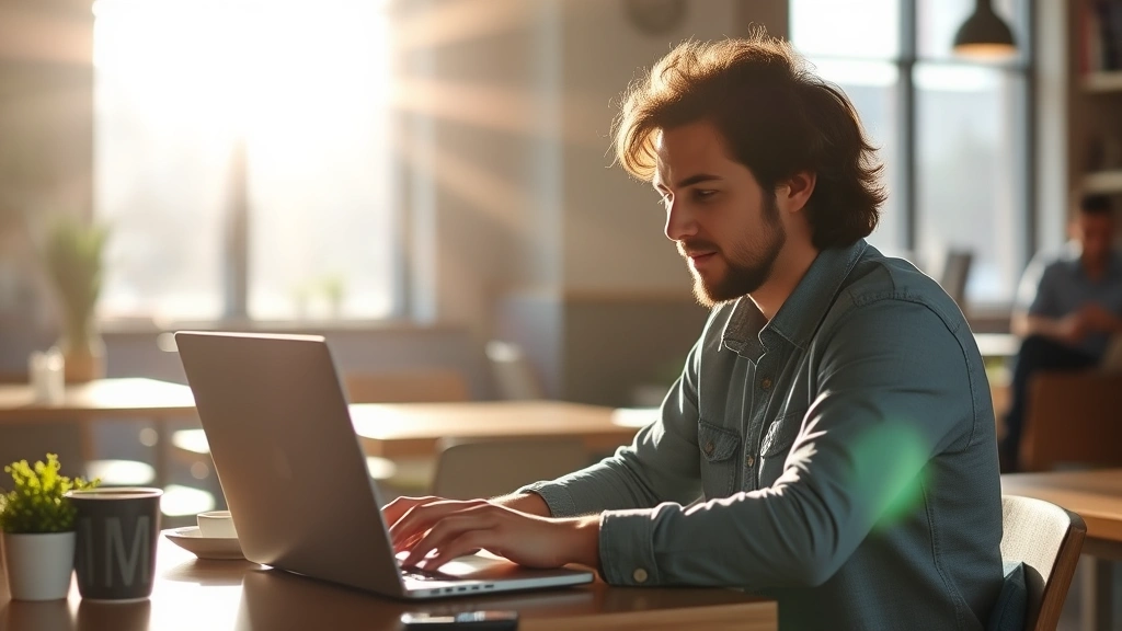 Founder working at a laptop in a coffee shop, sunlight streaming through windows, focused and energized, casual startup environment, natural workspace lighting