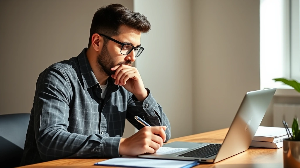 Entrepreneur reviewing customer feedback on a laptop while taking notes, thoughtful expression, minimalist desk setup, natural daylight, genuine moment of insight