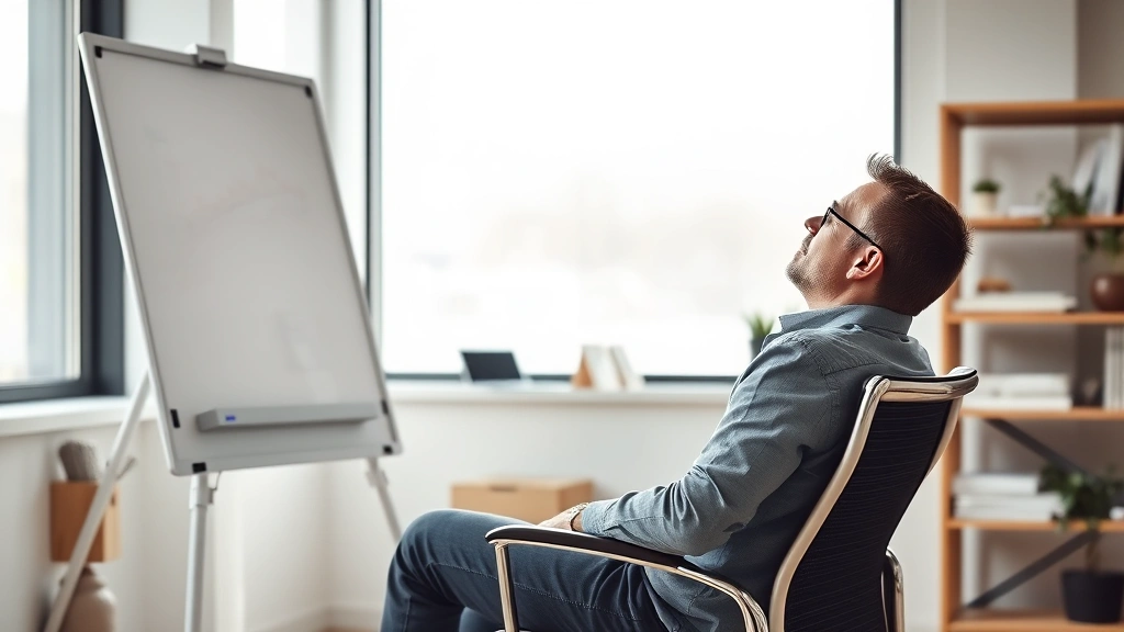 Founder in modern office space leaning back in chair, looking thoughtful at whiteboard with ideas behind them, natural window light, realistic candid moment