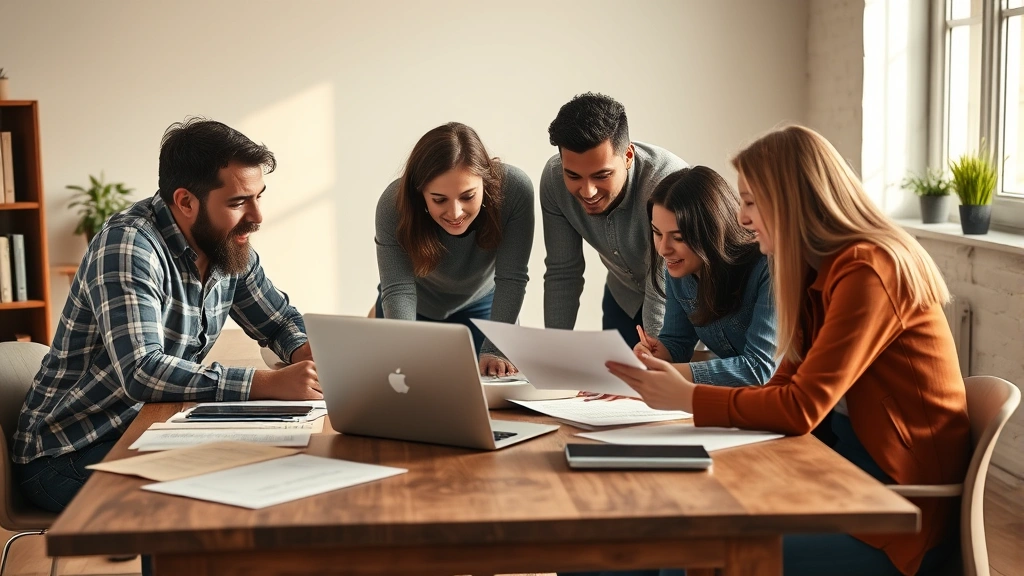 Team collaborating around laptop and documents on wooden table, diverse group engaged in discussion, warm office lighting, authentic working moment