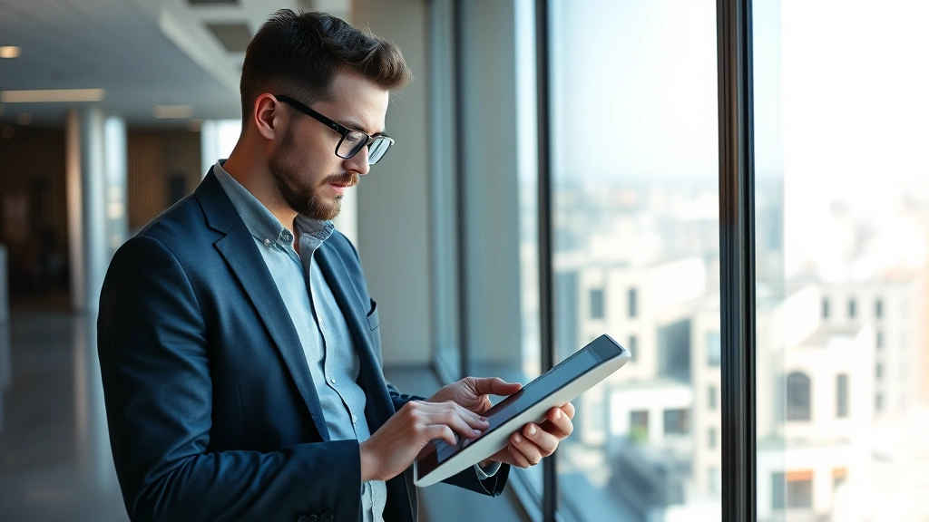Entrepreneur reviewing data on tablet while standing near floor-to-ceiling windows overlooking city, focused expression, natural daylight, professional environment
