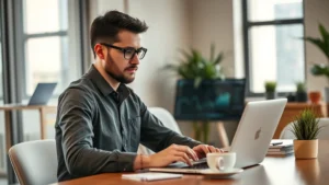 Founder reviewing financial dashboard on laptop at desk with coffee, focused expression, modern startup office, natural lighting, realistic photography