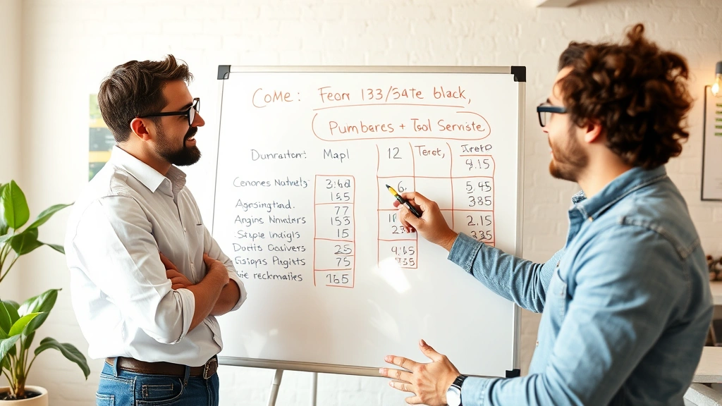 Two entrepreneurs in casual meeting discussing numbers on whiteboard, collaborative moment, natural workspace, bright and energetic atmosphere, authentic candid shot