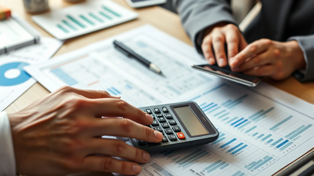Close-up of hands working with financial spreadsheet and calculator, organized desk workspace, planning documents visible, professional startup environment, detailed realistic image