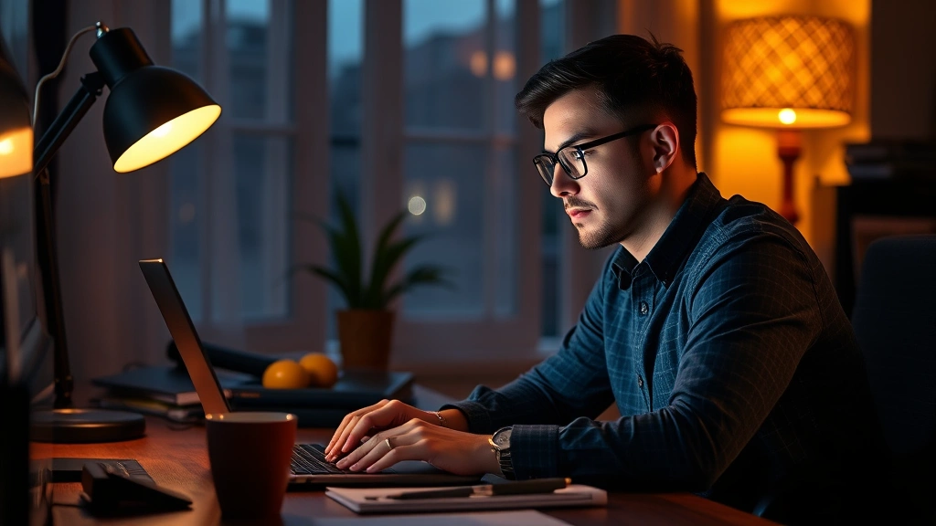 Entrepreneur working late evening at desk, laptop glowing, coffee cup nearby, thoughtful expression staring at screen, warm desk lamp lighting, concentrated intensity captured authentically