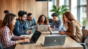 Diverse startup team in a modern office collaborating around a conference table, natural lighting, focused expressions, laptops and notebooks visible, candid professional atmosphere