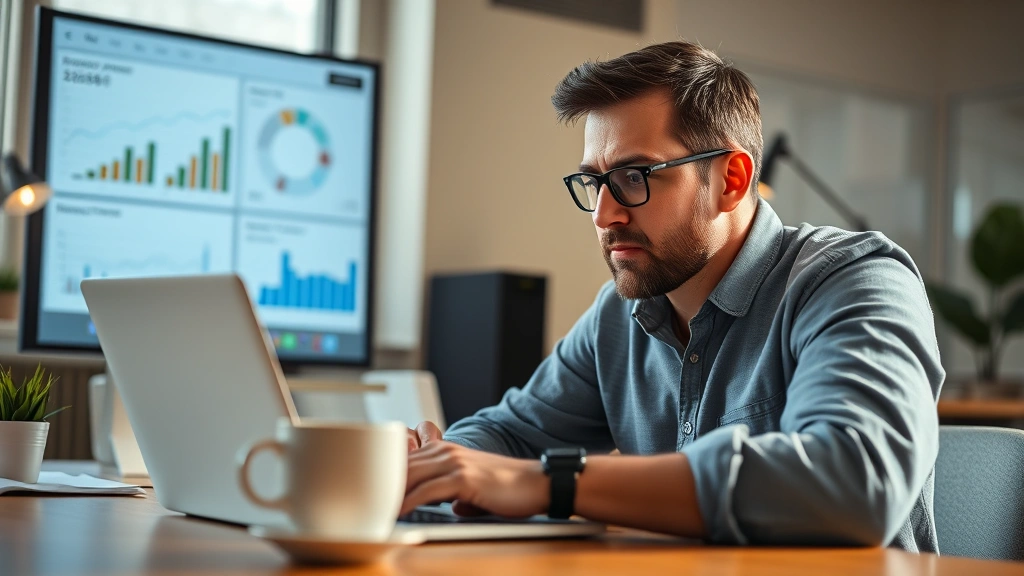 Founder reviewing financial dashboards and metrics on a laptop, coffee cup nearby, morning light, serious but determined expression, startup workspace environment