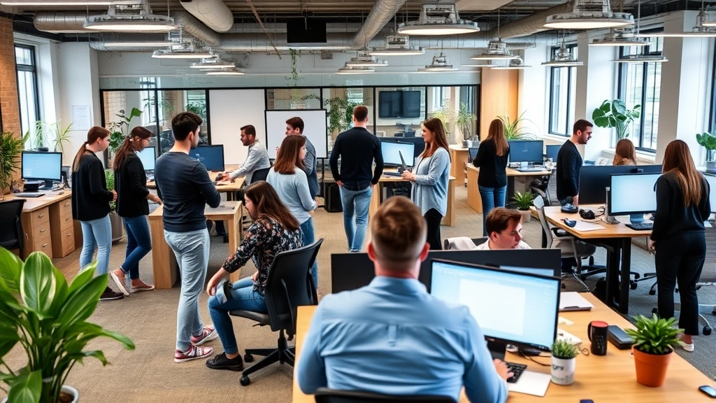 Multiple team members working together across different areas of an open office space, some standing at desks, some in discussion, showing collaborative growth-stage company culture