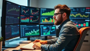 Founder sitting at desk reviewing financial dashboards and spreadsheets on multiple monitors, thoughtful expression analyzing business metrics