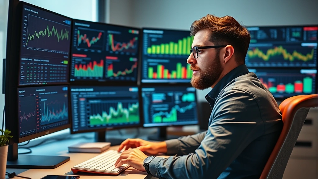 Founder sitting at desk reviewing financial dashboards and spreadsheets on multiple monitors, thoughtful expression analyzing business metrics