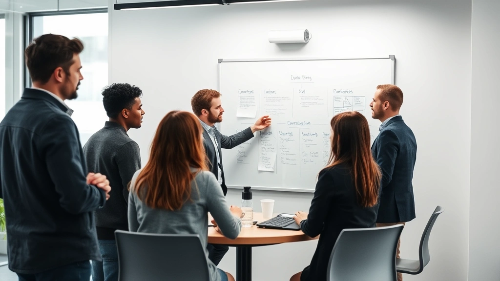 Team collaborating in modern office space around whiteboard planning session, diverse group engaged in strategic discussion