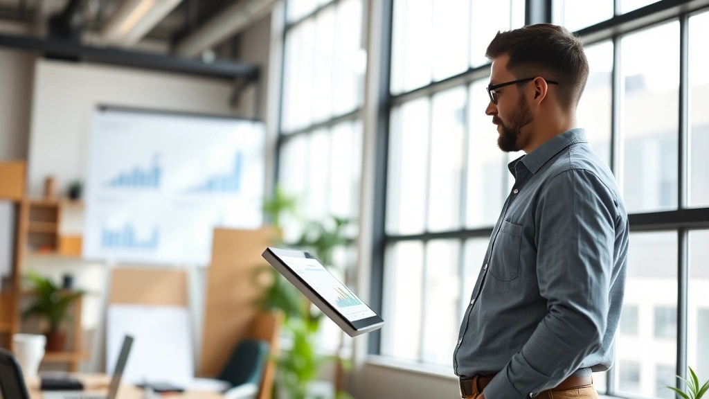 Entrepreneur reviewing growth charts and analytics on tablet, standing in startup workspace with natural lighting from large windows