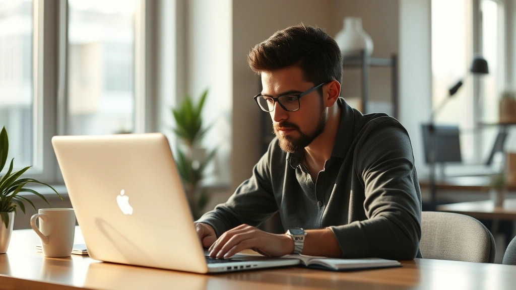Founder working intently at laptop in early morning light, coffee cup nearby, startup workspace with minimal distractions, natural window lighting, focused expression, entrepreneurial determination
