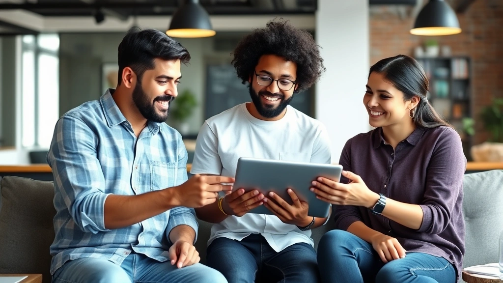 Small founding team of three people in casual meeting, reviewing data on tablet together, collaborative atmosphere, diverse group, genuine discussion moment, startup office environment
