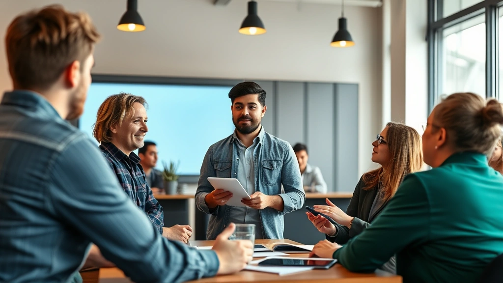 Entrepreneur presenting product to small group of potential customers, genuine reactions and engagement, small workshop setting, real feedback moment, authentic business conversation