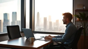 Founder sitting at desk with laptop and coffee, looking thoughtfully out window at city skyline, natural morning light, startup workspace aesthetic, contemporary office environment