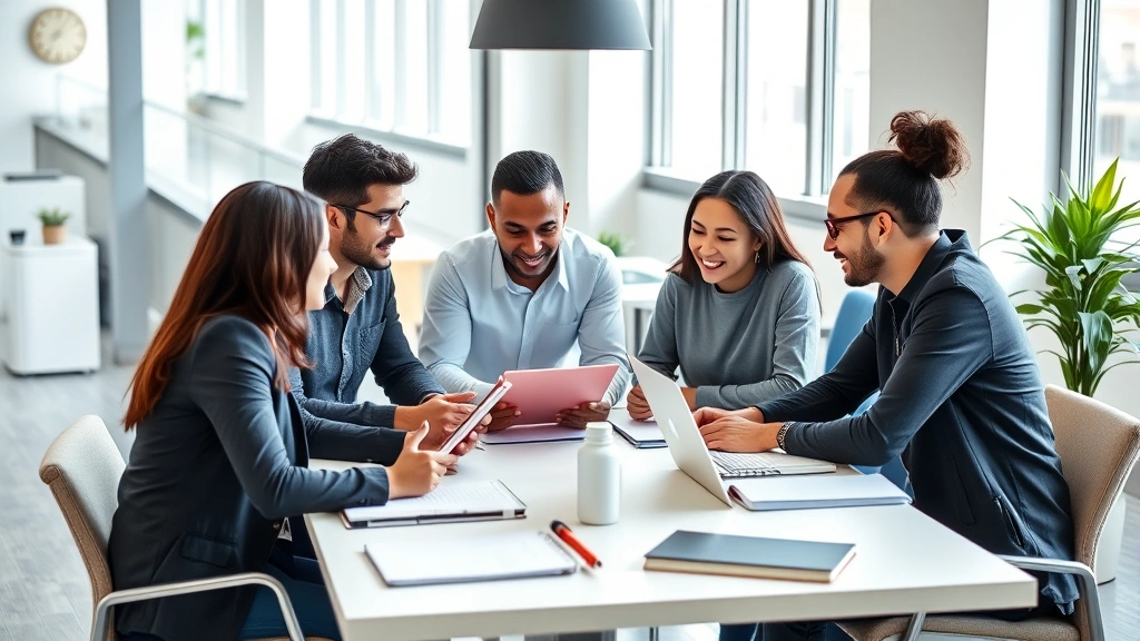 Small team of diverse entrepreneurs collaborating around table with notebooks and laptops, engaged discussion, bright modern office, genuine teamwork moment, daytime lighting