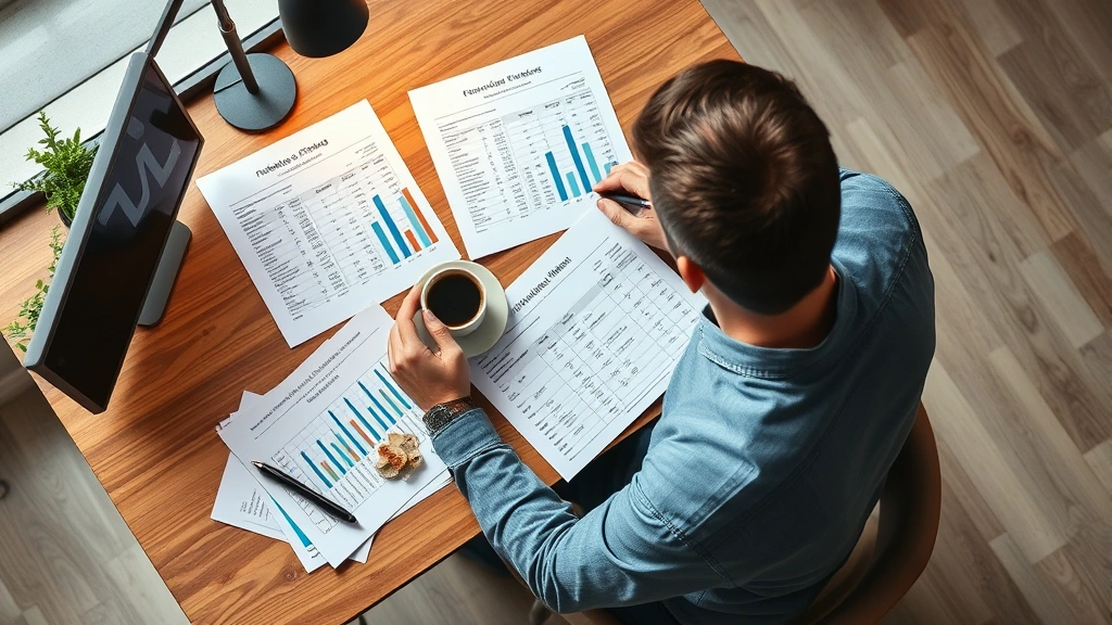 Overhead view of a founder reviewing financial spreadsheets and profit-loss statements on a desk with coffee and notebook, focused expression, modern startup office environment