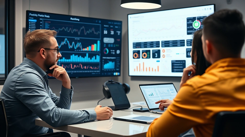 Founder in a meeting room looking at charts and metrics on a large monitor, discussing profitability data with team members, professional but relaxed atmosphere