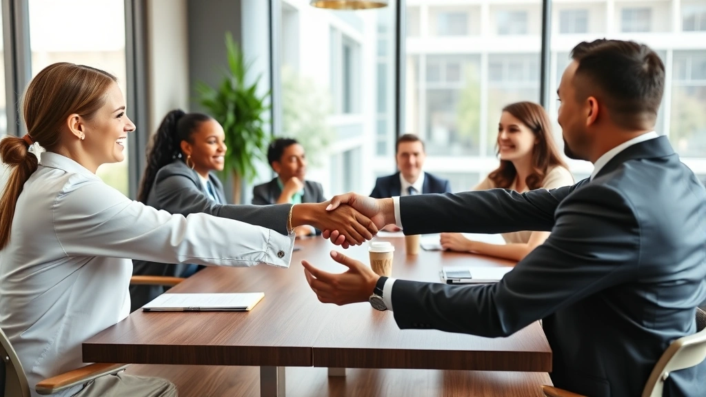 Two professionals shaking hands across a table during a business meeting, diverse team, modern conference room, natural daylight, genuine interaction