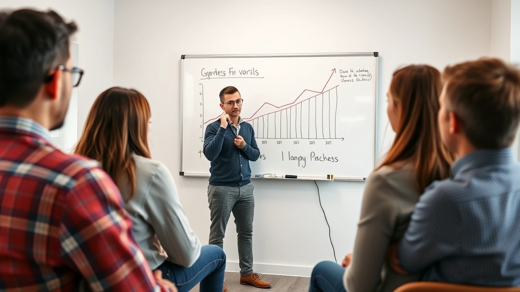 Entrepreneur presenting to small group of investors or team members, whiteboard behind them showing business growth, engaged audience, professional casual attire