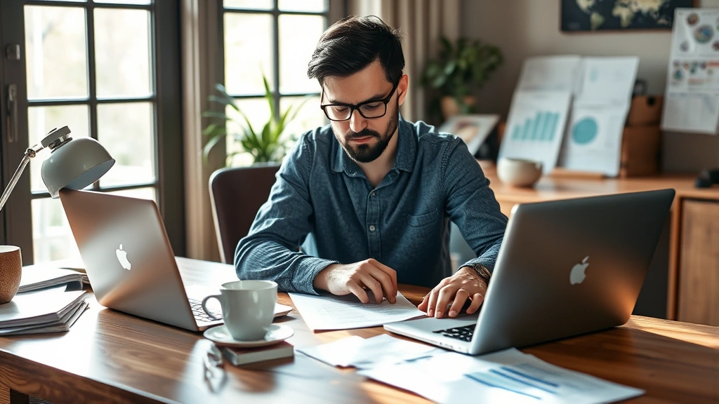 Founder working at a wooden desk with coffee, laptop, and financial spreadsheets, morning light streaming through window, focused expression