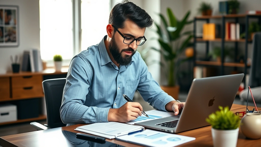 Entrepreneur reviewing business metrics on laptop at home office, taking notes, analytical mindset, professional yet approachable setting