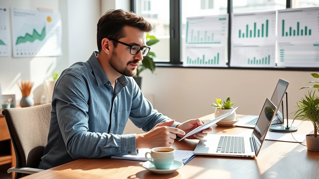Founder reviewing financial dashboards and cash flow spreadsheets at wooden desk with coffee, natural morning light, focused expression, modern startup office environment