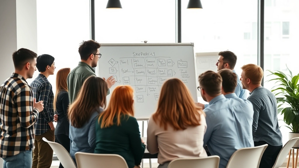 Team collaborating around whiteboard during strategy session, diverse group engaged in discussion, startup office with large windows, energy and momentum visible in body language
