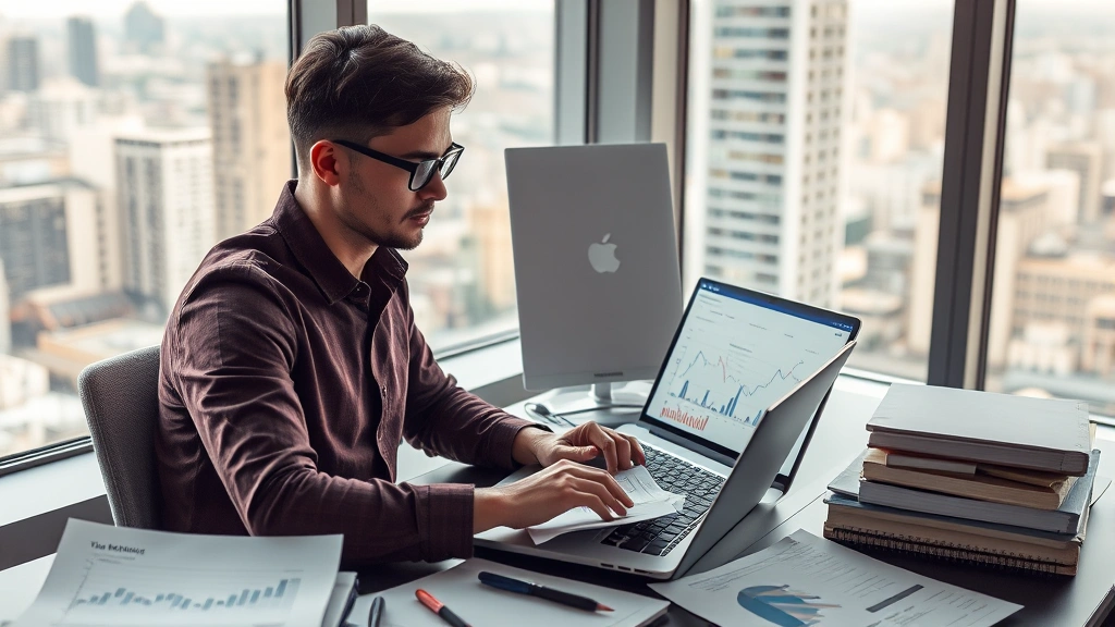 Entrepreneur analyzing customer data and metrics on laptop, surrounded by notebooks and planning materials, window overlooking city, contemplative but determined expression