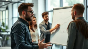 Ambitious founder in modern startup office, analyzing growth metrics on whiteboard during team discussion, natural lighting, focused expression