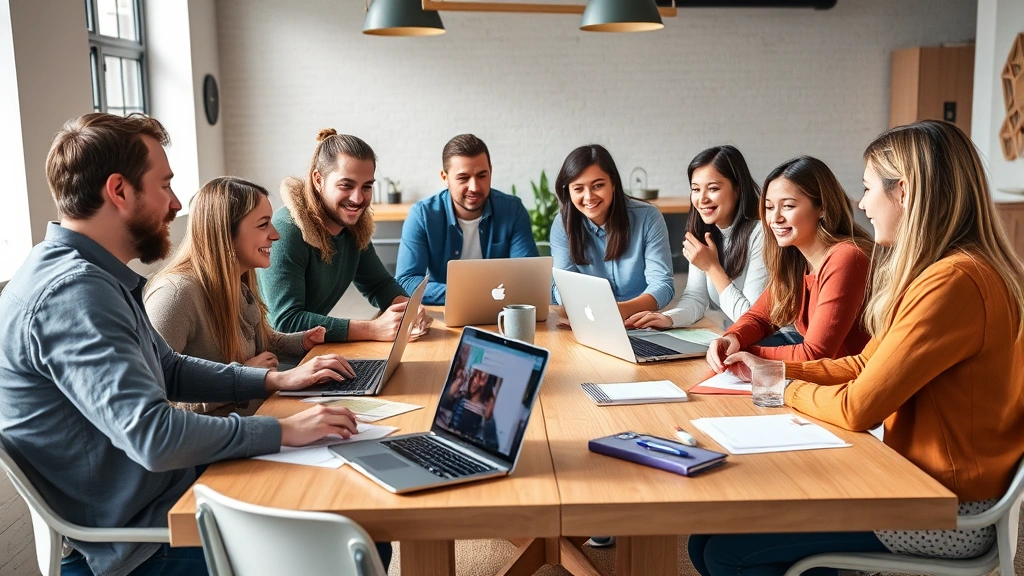 Diverse founding team collaborating around wooden table with laptops and notepads, energetic but professional atmosphere, mid-morning workspace
