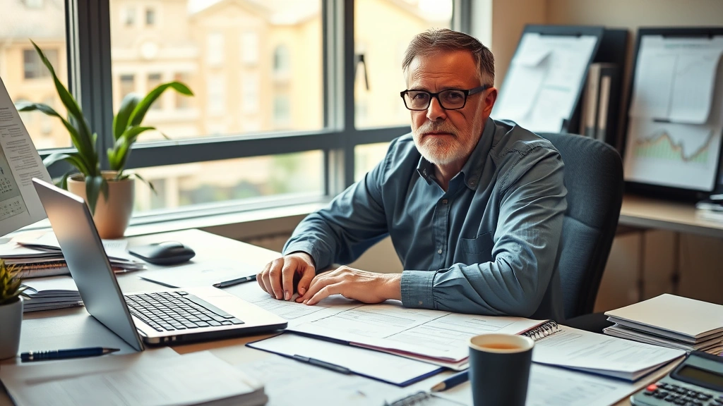 Founder at desk surrounded by financial documents, calculator, and laptop showing spreadsheets, morning light through office window, serious focused expression, coffee cup nearby, realistic professional setting