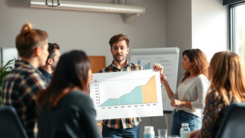 Young entrepreneur in casual startup office environment presenting growth chart to small diverse team, whiteboard visible in background, collaborative energetic atmosphere, natural daylight, candid moment of discussion