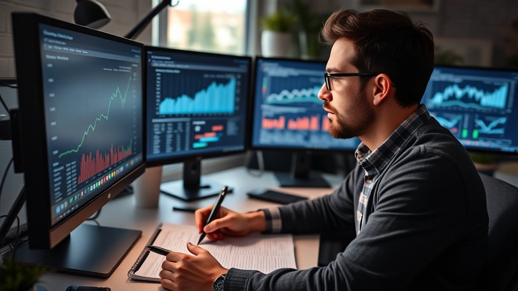 Founder reviewing business metrics on computer screen with notebook and pen, early morning or late evening workspace, multiple monitors showing analytics, realistic home office or startup environment, thoughtful concentration