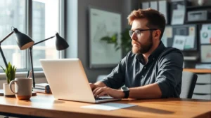 Founder reviewing financial dashboards on laptop at startup office desk, morning light, focused expression, coffee cup nearby