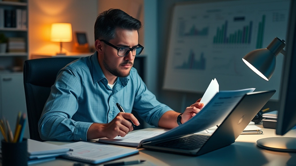 Entrepreneur working late at desk with calculator and notebook, analyzing spreadsheet data, determined but tired expression, minimal workspace