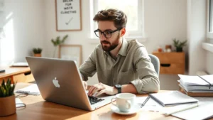 Founder at laptop in minimal startup office space, hands on keyboard, focused expression, natural daylight, warm coffee cup on desk, papers scattered nearby, authentic working environment, no visible screens or text