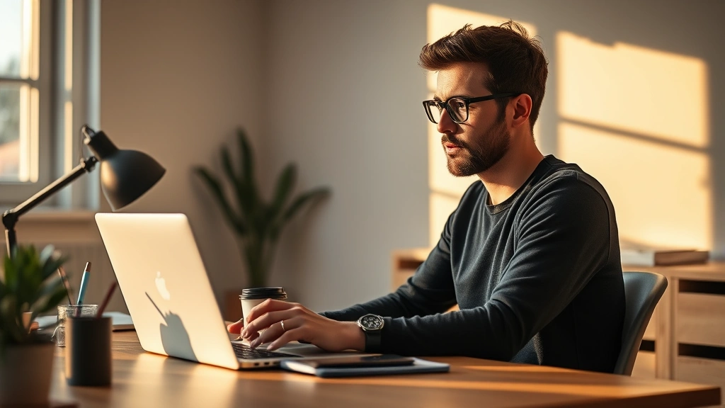 Founder sitting at desk in early morning light, laptop open, coffee cup, focused expression, minimalist startup office space, natural window light, determined but tired