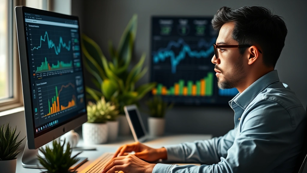 Small business owner reviewing financial spreadsheets and metrics on computer screen, glasses on, analyzing data, professional workspace with plants, concentrated expression