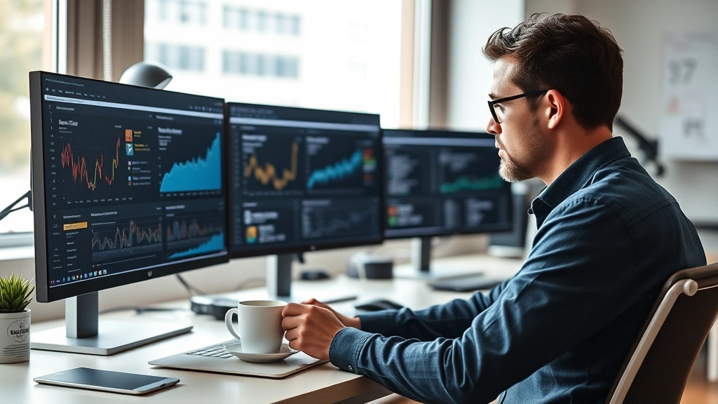 Founder working intently at desk with coffee, multiple monitors showing analytics dashboards and customer data, natural window light, focused expression, modern startup workspace environment