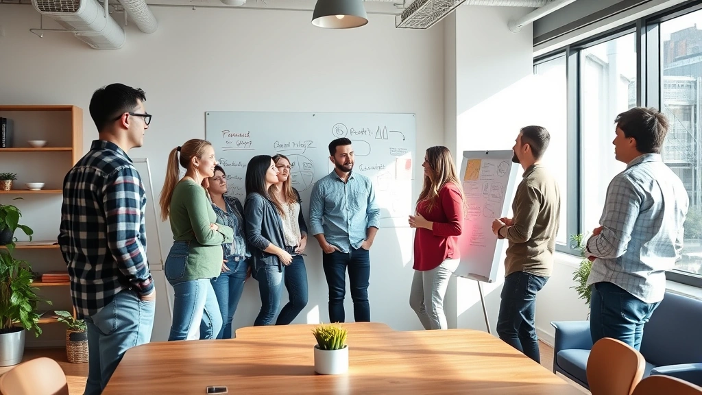 Diverse team in casual meeting room collaborating around whiteboard, standing and engaged in discussion, bright natural lighting, relaxed but productive atmosphere, startup culture