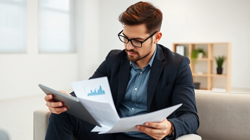 Entrepreneur reviewing financial documents and metrics on tablet in minimalist office space, thoughtful expression, charts and graphs visible on screen, professional but approachable setting