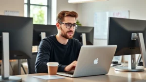 Founder at laptop in startup office with multiple monitors, natural morning light, coffee cup visible, focused expression, collaborative workspace with whiteboards in background