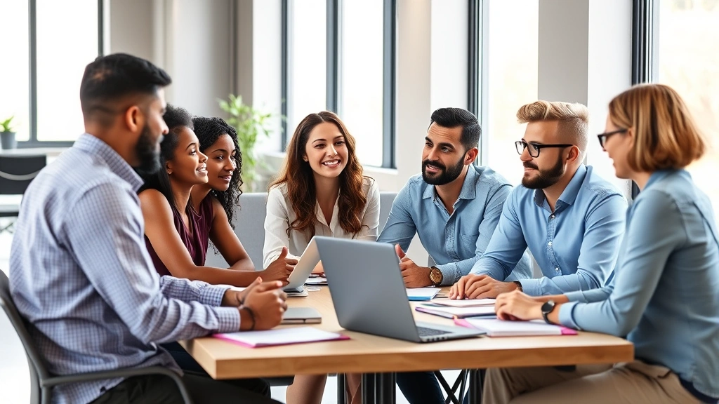Team of diverse entrepreneurs in discussion around table with notebooks and laptops, engaged conversation, modern office environment, natural lighting from windows