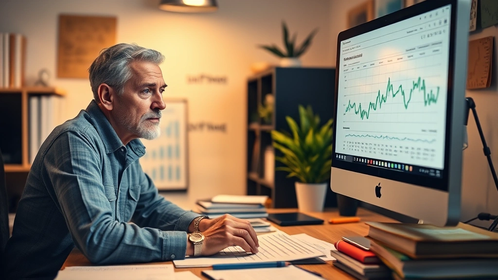 Founder reviewing financial spreadsheets and metrics on computer screen, thoughtful expression, workspace with business books and notes scattered around, warm desk lighting